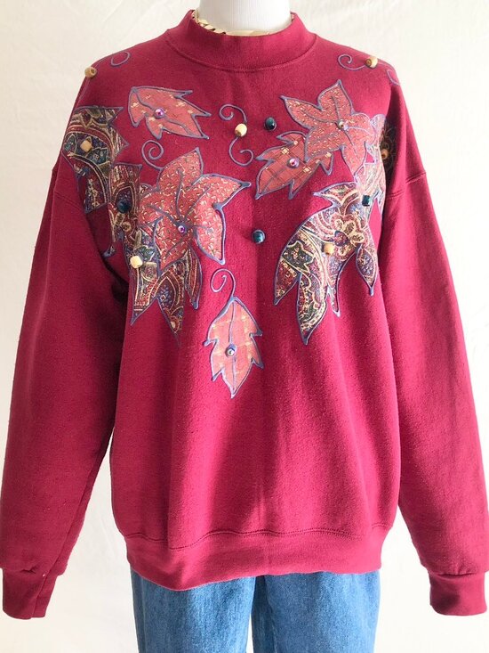 India Ink Tops - India Ink Vintage 90s Autumn Leaf Burgundy Sweatshirt Size OS